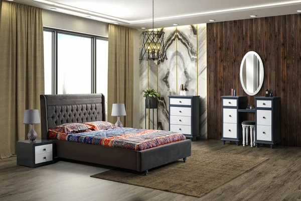 3d rendering bedroom interior and decoration with gray bed