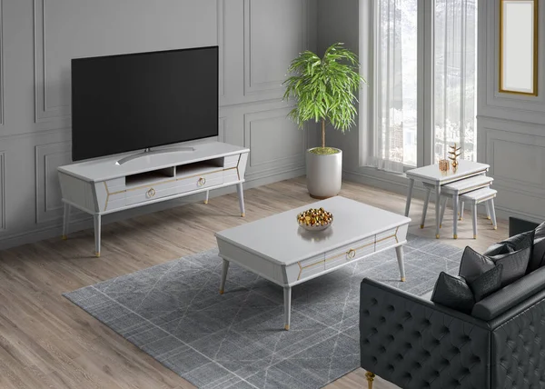 3D render tv room , sofa , coffee table and tv table set in modern decoration