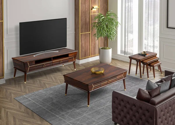 3D render tv room , sofa , coffee table and tv table set in modern decoration