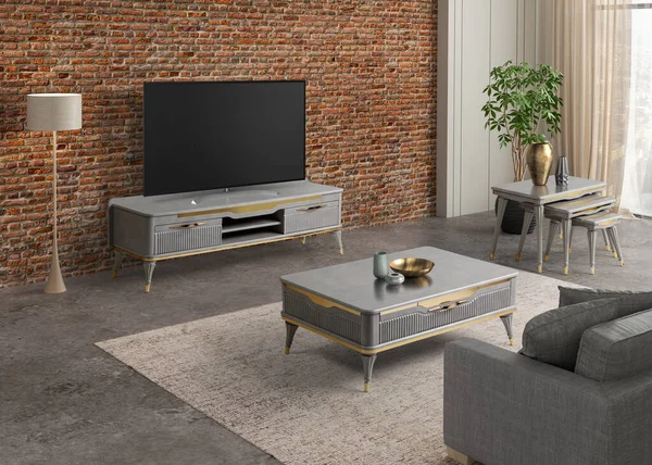 3D render tv room , sofa , coffee table and tv table set in modern decoration