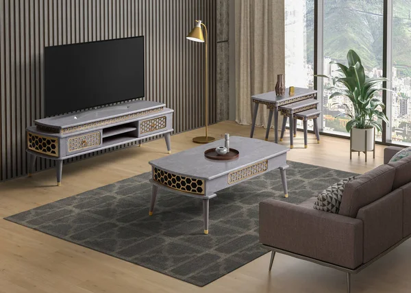 3D render tv room , sofa , coffee table and tv table set in modern decoration