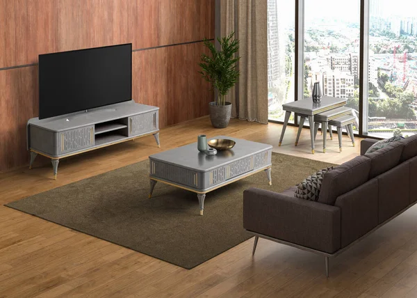 3D render tv room , sofa , coffee table and tv table set in modern decoration