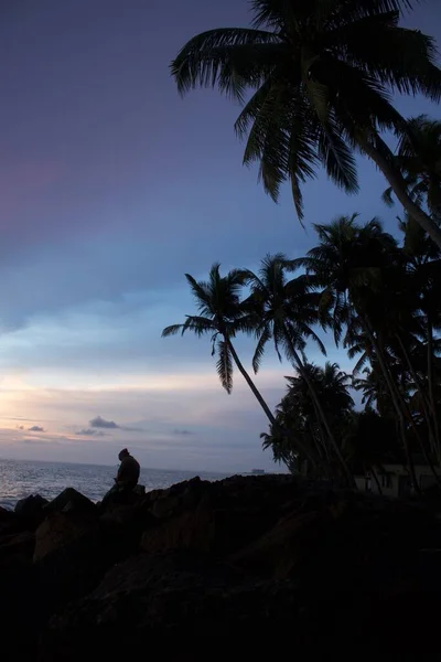 저녁에 아라비아 코코넛 바위로 이루어진 실루엣 케랄라 보인다 — 스톡 사진