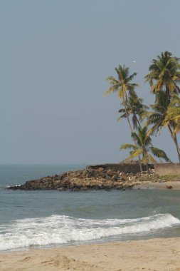 Güneşli bir günde kumsal manzarası, arkada kayalar ve hindistan cevizi ağaçları.