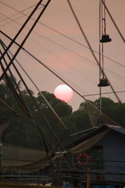 View Chinese Type Fishing Nets Evening Sunset — Zdjęcie stockowe