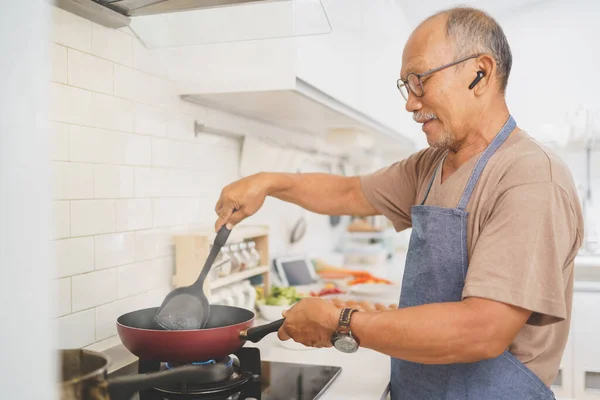 Happy Retired Asian Senior Man Cooking Kitchen Healthy Food Healthy — Photo