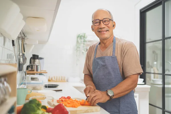 Portrait Happy Retired Asian Senior Man Standing While Cooking Kitchen — Stock Fotó