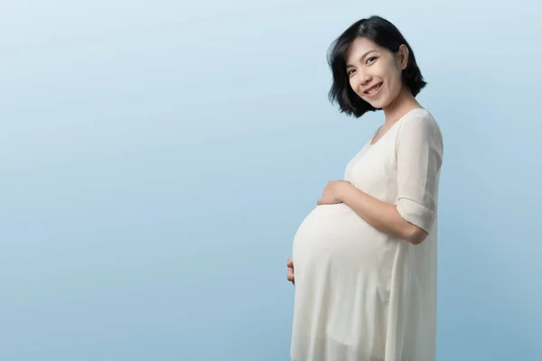 Retrato Jovem Bela Coreana Chinesa Grávida Fundo Azul Positiva Asiática — Fotografia de Stock