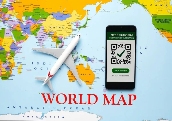 Picture International Certificate Vaccine Smartphone Plane Miniature World Map International — Stock Photo, Image