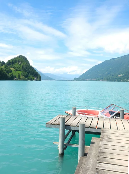 Część Obrazu Molo Iseltwald Łodzi Nad Jeziorem Brienz Godzinach Popołudniowych Obrazek Stockowy