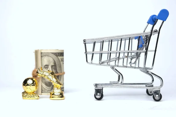Selective Focus Picture Shopping Cart Golden Ball Boot Trophy Miniature — Stock Photo, Image