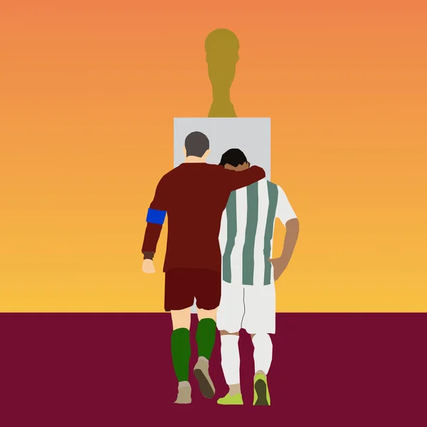 An illustration of two football opponent walking towards the gold trophy during sunset.