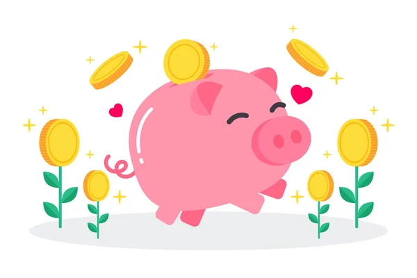 Glückliches Rosafarbenes Sparschwein Mit Schwimmenden Goldmünzen Und Geldbäumen Kreatives Finanzkonzept — Stockvektor