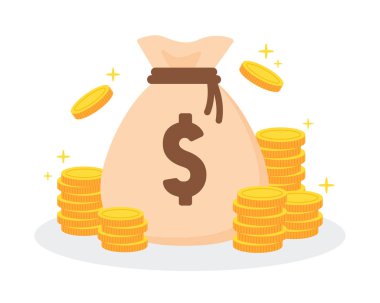 Yığınla altın paralarla dolu para çantası. Zengin ve zenginliğin yaratıcı finansal konsepti. Para ya da para için imza ya da sembol. Modaya uygun şirin çizgi film vektör çizimi. Düz stil grafik tasarım simgesi.