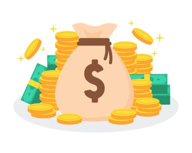 Yığınla altın sikke ve banknotlarla dolu para çantası. Zengin ya da zengin olmak gibi yaratıcı finansal bir kavram. Para ve para sembolü. Sevimli çizgi film düz vektör grafik çizimi.