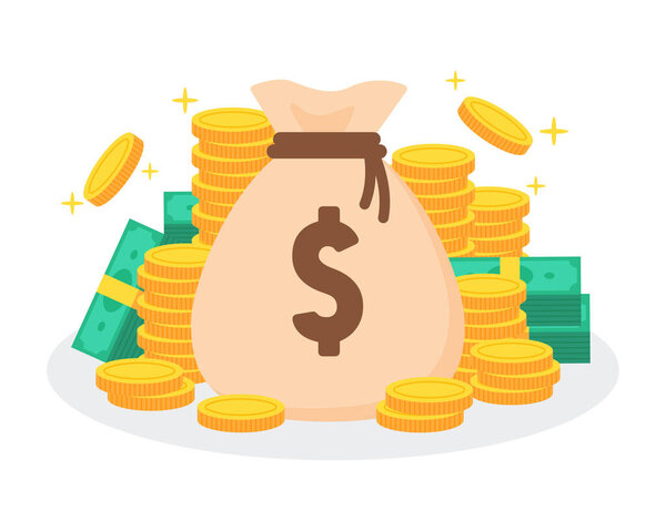 Денежный мешок с грудой или стопкой золотых монет и банкнот. Творческая финансовая концепция богатых или богатых. Символ наличных и валюты. Модные милые мультяшные плоские векторные графические элементы.
