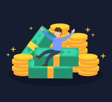 Adam para ya da nakit yığınının üstüne oturur. Bir yığın para ve bir tomar banknot. İş, finans, yatırım, tasarruf konsepti. Zengin ve varlıklı. Çizgi film düz vektör çizimi. Grafik tasarım ögesi.