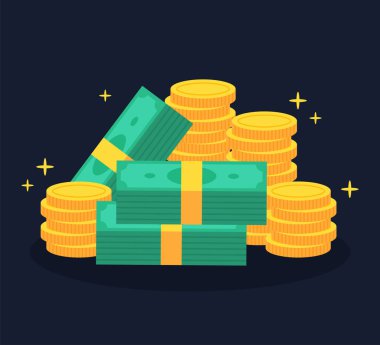 Yığınla para ya da nakit. Bir yığın para ve bir tomar banknot. İş, finans, yatırım, tasarruf konsepti. Zengin ve varlıklı. Tatlı çizgi film düz vektör çizimi. Grafiksel nesne tasarımı ögesi.