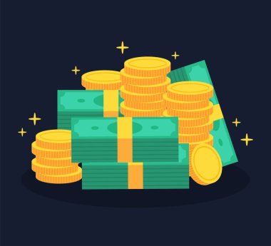 Yığınla para ya da nakit. Bir yığın para ve bir tomar banknot. İş, finans, yatırım, tasarruf konsepti. Zengin ve varlıklı. Tatlı çizgi film düz vektör çizimi. Grafiksel nesne tasarımı ögesi.