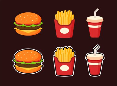 Fast food koleksiyonu. Abur cubur seti. Patates kızartması, hamburger ve meşrubat. Bir dizi sağlıksız menü. Tatlı çizgi film yemek ikonu. Çıkartma stili konsept. Düz vektör grafik tasarımı çizimi.