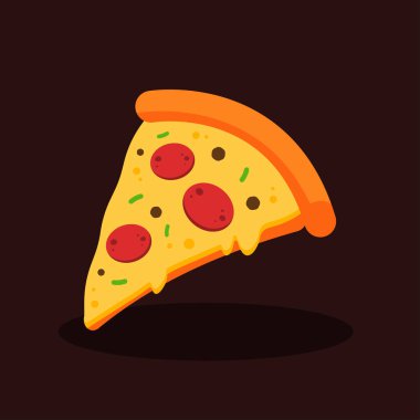 Pepperoni ya da erimiş peynirli salamlı pizza dilimi. Fast food konsepti. Abur cubur ya da sağlıksız menü. Tatlı çizgi film yemek ikonu. İtalyan mutfağı. Düz vektör grafik tasarımı izole edilmiş çizim.