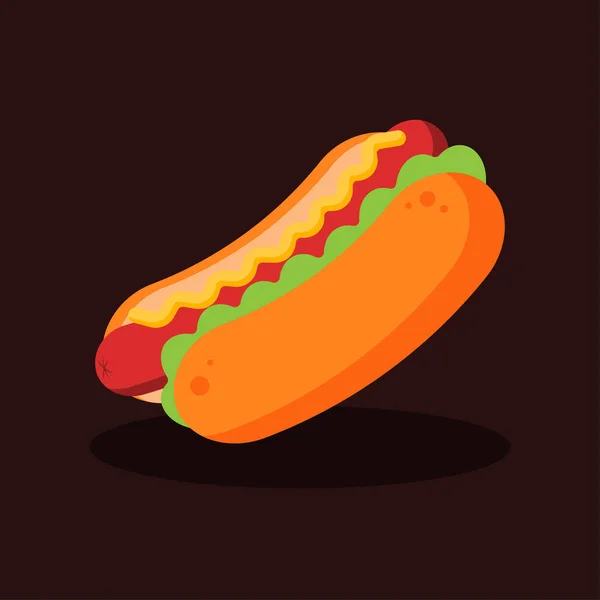 Hot Dog Párkem Hořčičnou Omáčkou Salátem Houskou Výborná Rychlá Občerstvení — Stockový vektor
