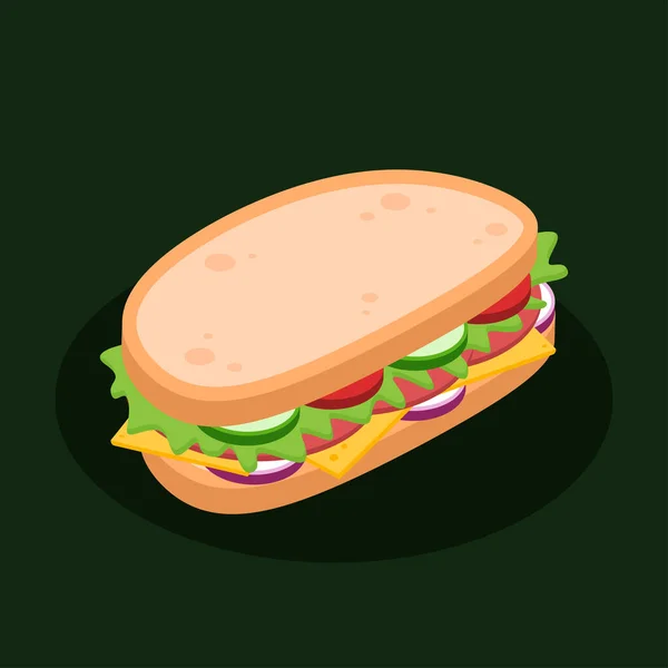 Ισομετρική Σάντουιτς Ψωμί Ζαμπόν Ντομάτα Τυρί Αγγούρι Κρεμμύδι Και Μαρούλι — Διανυσματικό Αρχείο