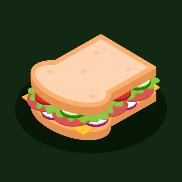 Isometrische Sandwich Met Brood Ham Tomaat Kaas Komkommer Sla Heerlijk — Stockvector