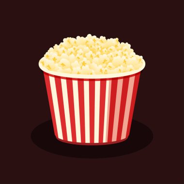 Kırmızı çizgili kova kutusunda patlamış mısır. Lezzetli fast food konsepti. Televizyon, film, film ya da sinema izlemek için mısır çerezi. Ya abur cubur ya da sağlıksız yemek. Çizgi film vektör grafik tasarımı resimleme.