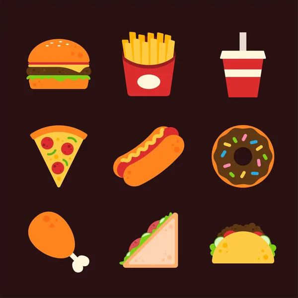 Sbírka Rychlého Občerstvení Hamburger Hranolky Nealkoholický Nápoj Pizza Hot Dog — Stockový vektor