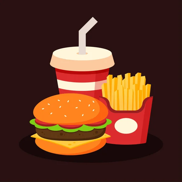 Zestaw Menu Produktów Fast Food Hamburger Frytki Napój Bezalkoholowy Śmieciowe — Wektor stockowy