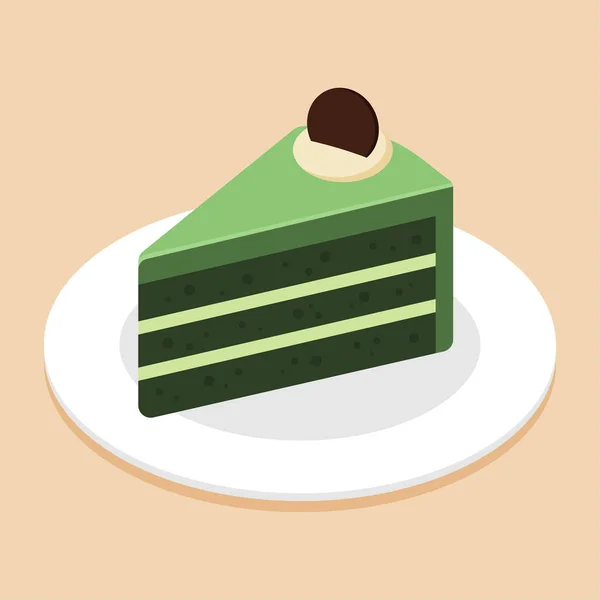 Egy Szelet Matcha Torta Vagy Zöld Tea Torta Csokoládéval Tányéron — Stock Vector