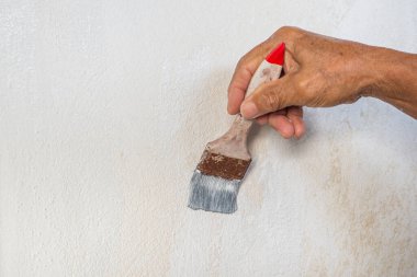 Banyodaki eski duvarda beyaz boyalı fırça tutan yaşlı adamın eli. Mesaj için yer var. Banyonun tadilatı.