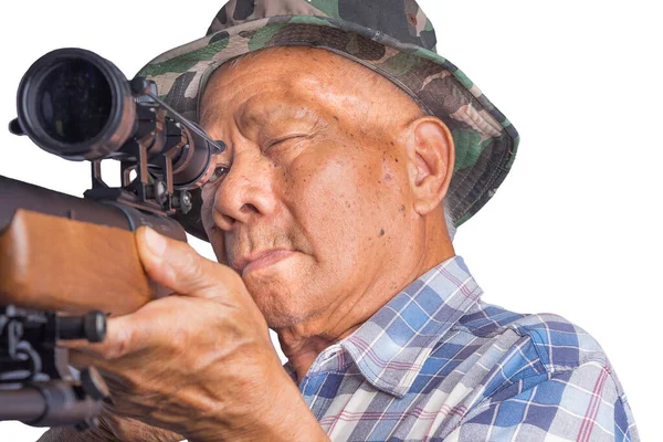 Elderly Asian Man Holding Sport Air Rifle Telescopic Aiming Telescopic — Stock Photo, Image