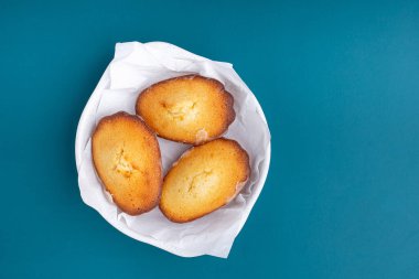 Mavi ışık arka planına yerleştirilmiş bir tabakta limon jöleli kurabiyeler. Madeleine - ev yapımı geleneksel Fransız küçük kurabiyesi. Deniz kabuğu tatlı kekleri.