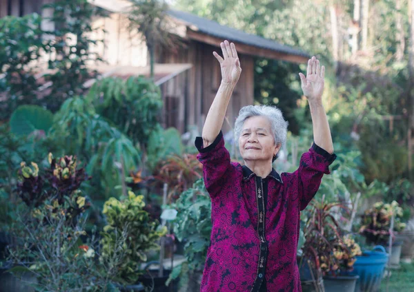 Kısa beyaz saçlı, gülümseyen, kameraya bakan ve bahçede dikilen yaşlı Asyalı kadın. Mesaj için yer var. Yaşlılar ve sağlık hizmetleri kavramı.