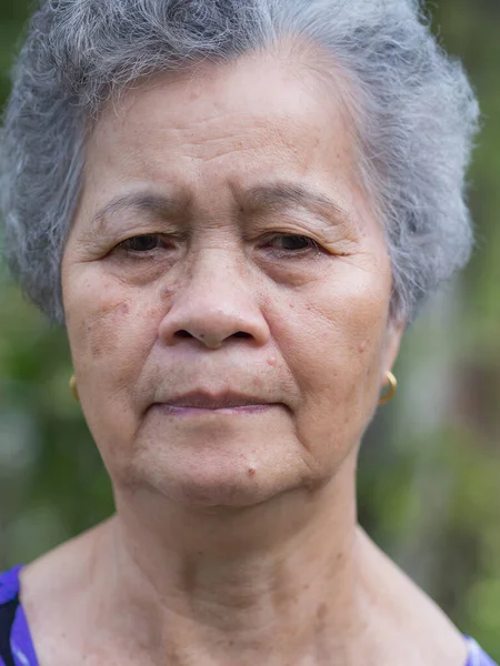 Senior Woman Short White Hair Anxious Face Looking Away While — Foto de Stock