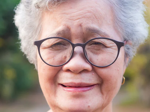 Close Face Elderly Asian Woman Wearing Glasses Smile Looking Camera — Foto de Stock