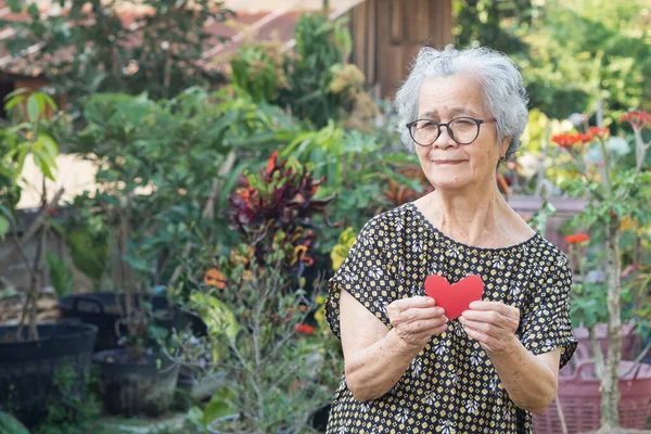 Retrato Uma Mulher Asiática Idosa Segurando Papel Vermelho Cortou Uma — Fotografia de Stock