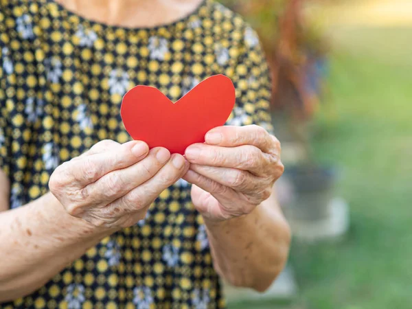 Red paper cut heart shape hold by hand senior woman. Valentine's day. Concept of aged people and love.