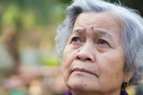 Senior Woman Short Gray Hair Looking While Standing Garden Space — Foto de Stock