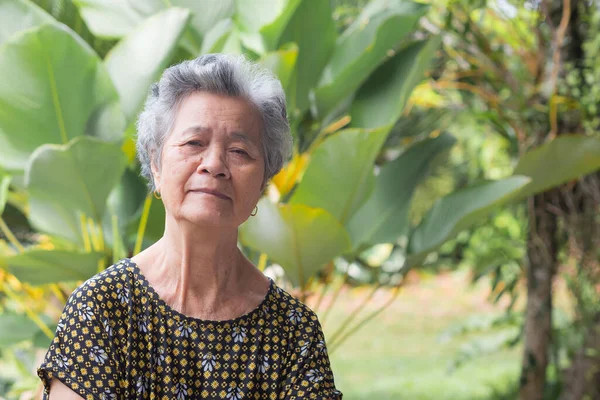 A Portrait of an elderly Asian woman smiling and looking at the camera while standing in a garden. Space for text. Concept of aged people and healthcare.