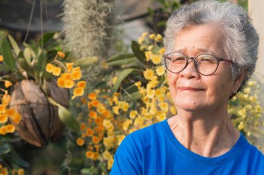 Kısa gri saçlı, gözlüklü, gülümseyen ve bahçede dikilirken kameraya bakan yaşlı bir Asyalı kadın. Mesaj için yer var. Yaşlılar ve sağlık hizmetleri kavramı.