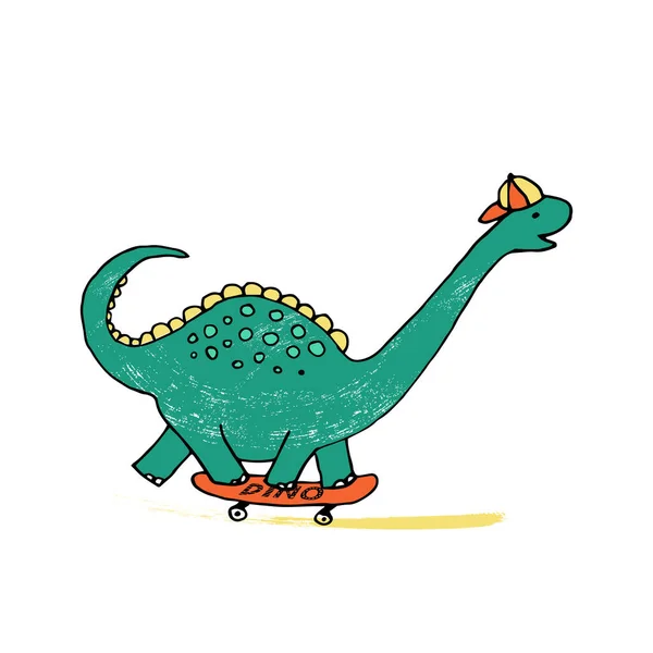 Genç Yeşil Kaykaylı Dinozor Sürücüsü Grunge Illustration Boys Tişört Baskıları — Stok Vektör