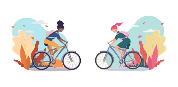 Chica Monta Bicicleta Mujer Afroamericana Monta Bicicleta Paisaje Otoño Póster — Archivo Imágenes Vectoriales