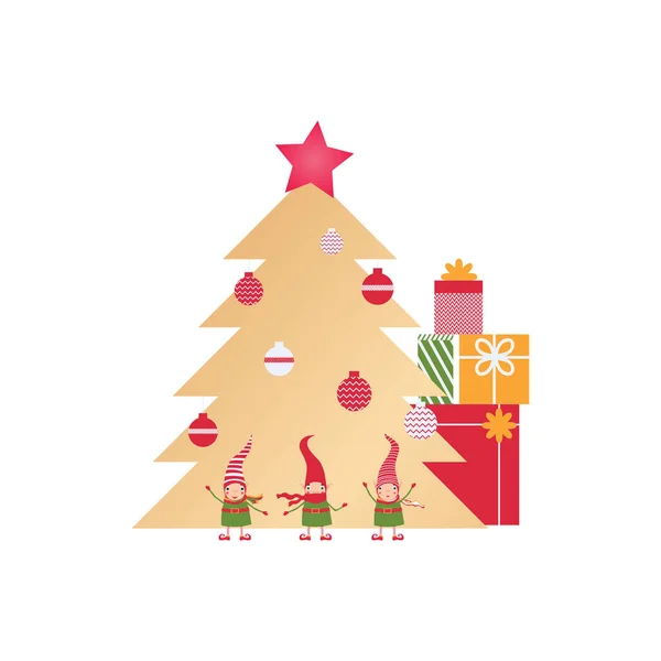 Weihnachtsbaum Mit Geschenken Und Drei Wichteln Schachteln Mit Weihnachtsgeschenken Unterm — Stockvektor