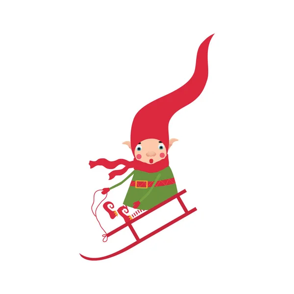 Elfo Sorprendido Baja Por Colina Lindo Humor Navidad Niños Ilustración — Archivo Imágenes Vectoriales