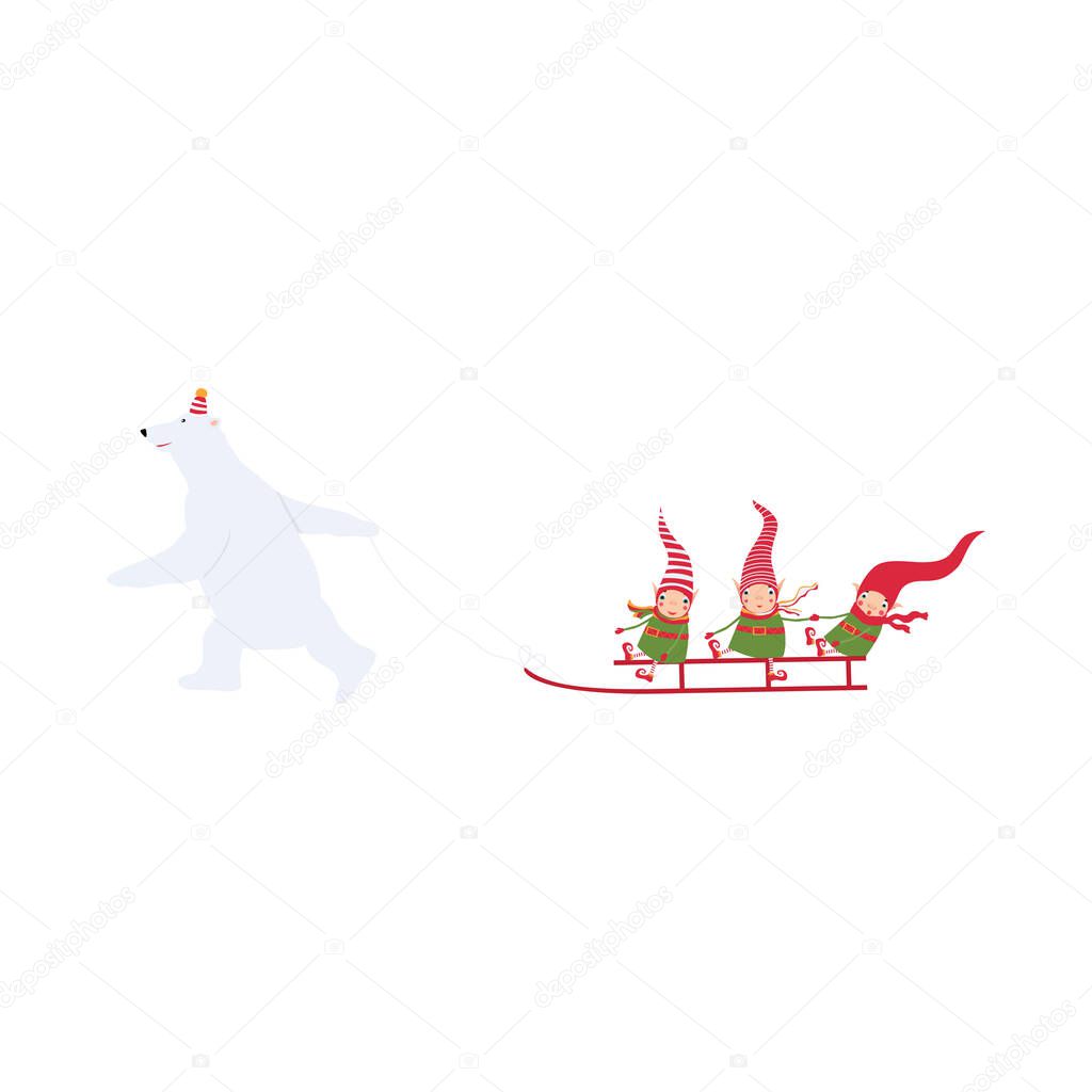 A polar bear sledding three elves. Cute christmas mood illustration