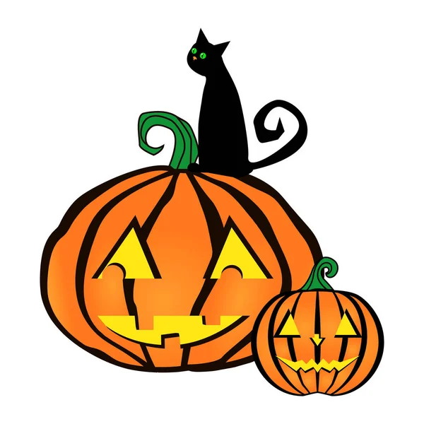 Composición Para Halloween Dos Calabazas Gato Sentado Dibujos Primitivos Decoración — Vector de stock