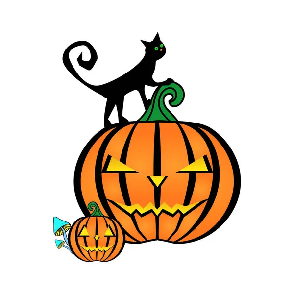 ハロウィーンのための構成2つのカボチャと猫が上に立っています キノコ バナーや招待状のための原始的な図面の装飾 — ストックベクタ